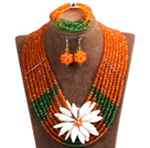 Wholesale Elegant Multi Layer Orange & Green Crystal Beads Costume Jewelry Set with Statement White Shell Flower (Necklace, Bracelet & Earrings)