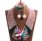 Wholesale Elegant Multi Layer Pink & Dark Green Crystal Beads Costume Jewelry Set with Statement Colorful Shell Flower (Necklace, Bracelet & Earrings)