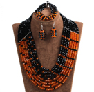 Wholesale Trendy Party Style Multi Layer Orange & Black Crystal African Wedding Jewelry Set (Necklace, Bracelet & Earrings)