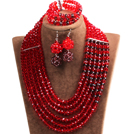 Wholesale Fabulous Multi Layer Red & Brown Crystal Beads African Costume Jewelry Set (Necklace, Bracelet & Earrings)