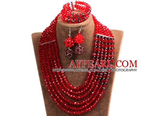 Fabulous Multi Layer Red & Brown Crystal Beads African Costume Jewelry Set (Necklace, Bracelet & Earrings)