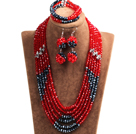 Wholesale Popular Style Multi Layer Bright Red & Black Crystal African Wedding Jewelry (Necklace, Bracelet & Earrings)