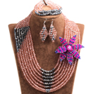 Wholesale Chic Style Multi Layer Pink & Silver Crystal Beads African Wedding Jewelry Set With Statement Crystal Flower (Necklace, Bracelet & Earrings)