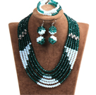 Wholesale Popular Style Multi Layer Dark Green & White Crystal African Wedding Jewelry (Necklace, Bracelet & Earrings)