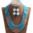 Wholesale Popular Style Multi Layer Bright Blue & Pink Crystal African Wedding Jewelry (Necklace, Bracelet & Earrings)