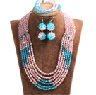 Wholesale Popular Style Multi Layer Bright Pink & Blue Crystal African Wedding Jewelry (Necklace, Bracelet & Earrings)