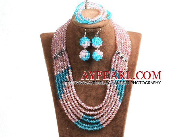 Popular Style Multi Layer Bright Pink & Blue Crystal African Wedding Jewelry (Necklace, Bracelet & Earrings)