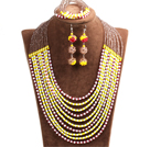 Wholesale Fashion Shining 10-Row Yellow Red White & Brown Crystal Beads African Wedding Jewelry Set (Necklace, Bracelet & Earrings)
