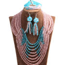 Splendid 8-Row Pink & Blue Crystal Beads African Wedding Jewelry Set (Necklace, Bracelet & Earrings)