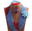 Wholesale Chic Style Multi Layer Blue & Red Crystal Beads African Wedding Jewelry Set With Statement Crystal Flower (Necklace, Bracelet & Earrings)