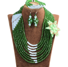 Wholesale Chic Style Multi Layer Green & White Crystal Beads African Wedding Jewelry Set With Statement Crystal Flower (Necklace, Bracelet & Earrings)