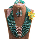 Wholesale Chic Style Multi Layer Dark Green & Pink Crystal Beads African Wedding Jewelry Set With Statement Crystal Flower (Necklace, Bracelet & Earrings)