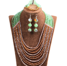 Wholesale Fashion Shining 10-Row Orange Green Pink & Silver Crystal Beads African Wedding Jewelry Set (Necklace, Bracelet & Earrings)