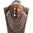 Wholesale Fashion Shining 10-Row Orange Black White & Purple Crystal Beads African Wedding Jewelry Set (Necklace, Bracelet & Earrings)