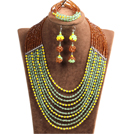 Wholesale Fashion Shining 10-Row Yellow Brown Green & Silver Crystal Beads African Wedding Jewelry Set (Necklace, Bracelet & Earrings)