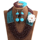 Wholesale Fashion Multi Layer Sky Blue & Brown Crystal Beads African Wedding Jewelry Set with Statement Crystal Flower (Necklace, Bracelet & Earrings)