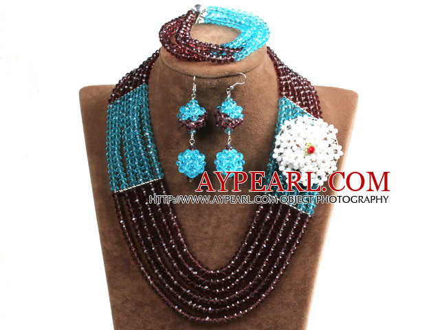 Fashion Multi Layer Sky Blue & Brown Crystal Beads African Wedding Jewelry Set with Statement Crystal Flower (Necklace, Bracelet & Earrings)