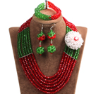 Wholesale Fashion Multi Layer Red & Green Crystal Beads African Wedding Jewelry Set with Statement Crystal Flower (Necklace, Bracelet & Earrings)