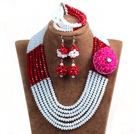 Wholesale Fashion Multi Layer White & Red Crystal Beads African Wedding Jewelry Set with Statement Crystal Flower (Necklace, Bracelet & Earrings)