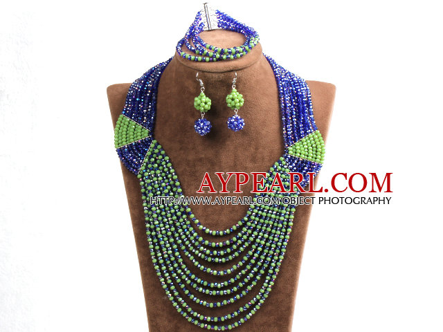 Special Design Terrific Dark Blue & Green Crystal Beads African Wedding Jewelry Set (Necklace, Bracelet & Earrings)