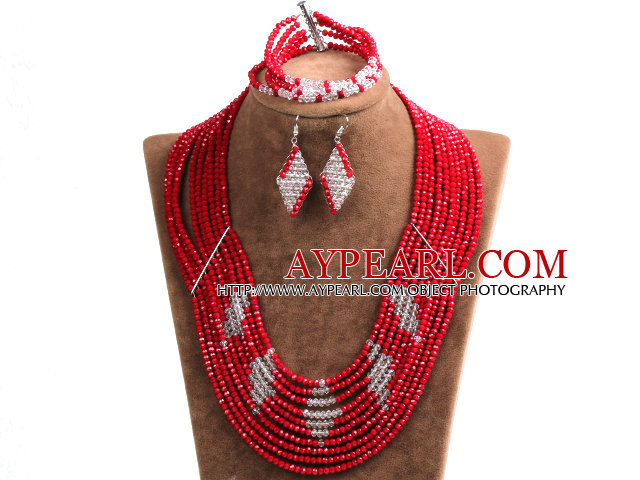 Beautiful Design Multi Layer Red & White Crystal Beads African Wedding Jewelry Set (Necklace, Bracelet & Earrings)