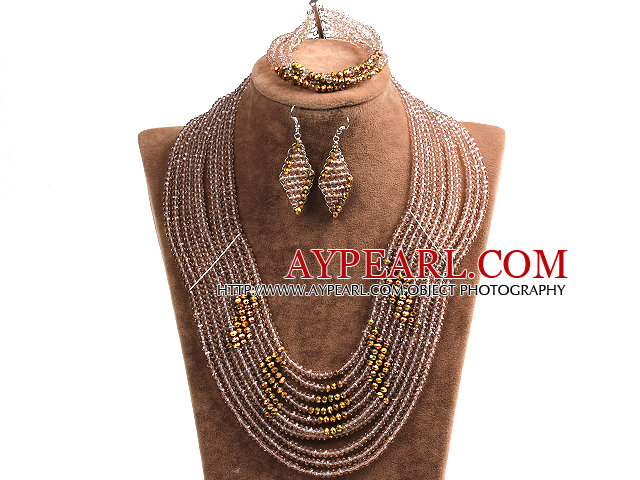 Beautiful Design Multi Layer Brown & Golden Crystal Beads African Wedding Jewelry Set (Necklace, Bracelet & Earrings)
