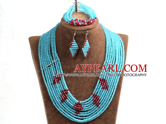 Beautiful Design Multi Layer Blue & Red Crystal Beads African Wedding Jewelry Set (Necklace, Bracelet & Earrings)