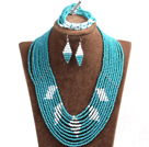 Beautiful Design Multi Layer Blue & White Crystal Beads African Wedding Jewelry Set (Necklace, Bracelet & Earrings)
