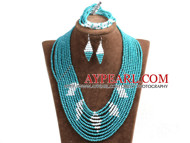 Beautiful Design Multi Layer Blue & White Crystal Beads African Wedding Jewelry Set (Necklace, Bracelet & Earrings)