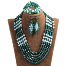 Vintage Style Dark Green & White Crystal Beads African Costume Jewelry Set (Necklace, Bracelet & Earrings)