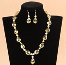 Shining Drop Shape Pale Yellow Crystal Natural White Pearl Party Jewelry Set With Rhinestone Clasp (Necklace & Earrings)