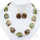 White Freshwater Pearl and Green Opal Set ( Necklace and Matched Earrings )
