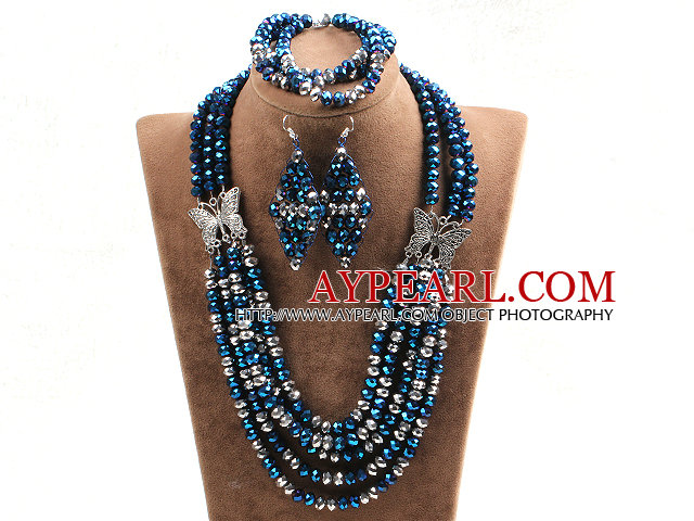 Glamorous 5 Layers Dark Blue Gray Crystal Beads African Wedding Jewelry Set With Butterfly Accessory (Necklace With Mathced Bracelet And Earrings)