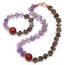 Wholesale Incidence Angle Amethyst and Smoky Quartz and Carnelian Set ( Necklace and Matched Bracelet )