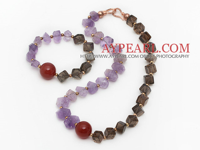 Incidence Angle Amethyst and Smoky Quartz and Carnelian Set ( Necklace and Matched Bracelet )