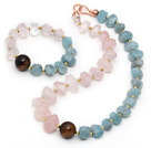 Wholesale Incidence Angle Rose Quartz and Tiger Eye and Aquamarine Set ( Necklace and Matched Bracelet )