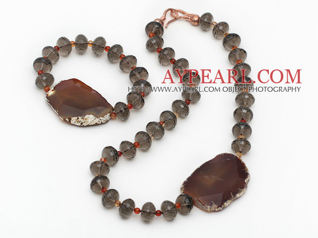 Brown Series Smoky Quartz and Agate Slice Set ( Necklace and Matched Bracelet )