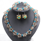 Fancy Style Blue Tan Colored Crystal Flower Jewelry Set (Necklace With Mathced Bracelet And Earrings)