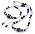 White Freshwater Pearl and Lapis Set ( Necklace Bracelet and Matched Earrings )
