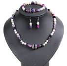 White Freshwater Pearl and Purple Agate Set ( Necklace Bracelet and Matched Earrings )