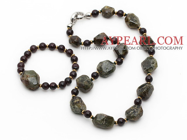 Assorted Green and Wine Red Coral Garnet Set ( Necklace and Matched Bracelet )