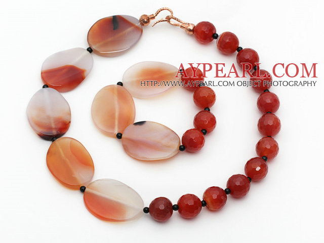 Round Carlian and Crazy Agate Stone Set ( Necklace and Matched Bracelet )