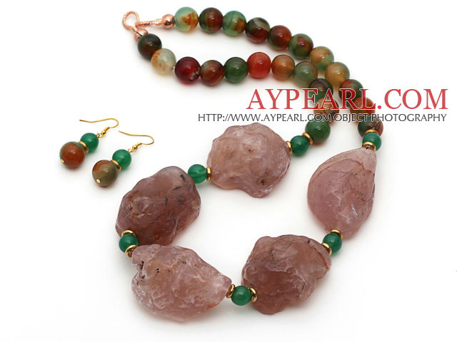 Natural Pink Agate and Peacock Agate Chunky Set ( Necklace and Matched Earrings )