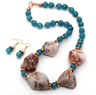 Irregular Shape Crazy Agate and Cyanite and Moonstone Set ( Necklace and Matched Earrings )