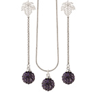 Fashion Polymer Clay Purple Rhinestone Ball Pendant Necklace And Elegant Leaf Studs Earrings Sets