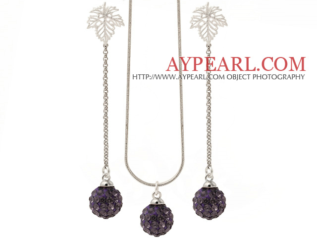 Fashion Polymer Clay Purple Rhinestone Ball Pendant Necklace And Elegant Leaf Studs Earrings Sets