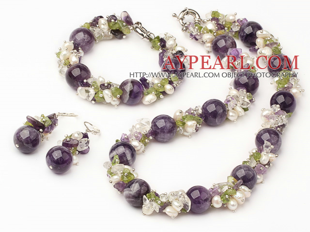 Fashion Round Amethyst And Cluster Freshwater Pearl Olive Sets (Necklace With Matched Bracelet And Earrings)