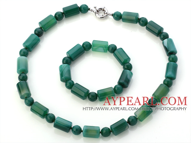 Pretty Round And Cylinder Shape Green Agate Beaded Jewelry Sets (Necklace With Matched Bracelet)