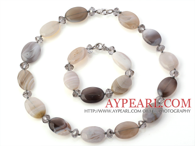 Nice Oval Shape Gray Agate Gray Crystal Beads Jewelry Sets (Necklace With Matched Bracelet)