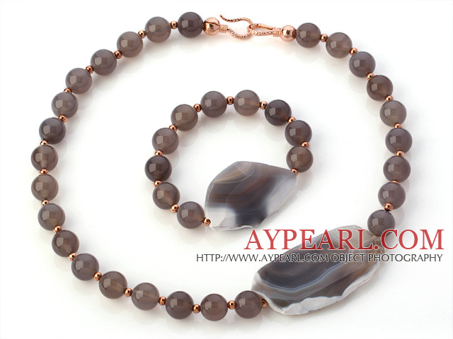 Fashion Round And Large Irregular Gray Agate Beaded Jewelry Sets (Necklace With Matched Bracelet)